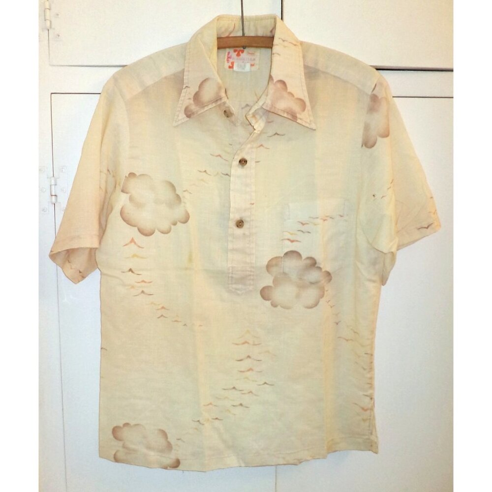 Vtg SEARS HAWAIIAN FASHIONS SHIRT Size M Cream Brown Orange PULLOVER Buttons